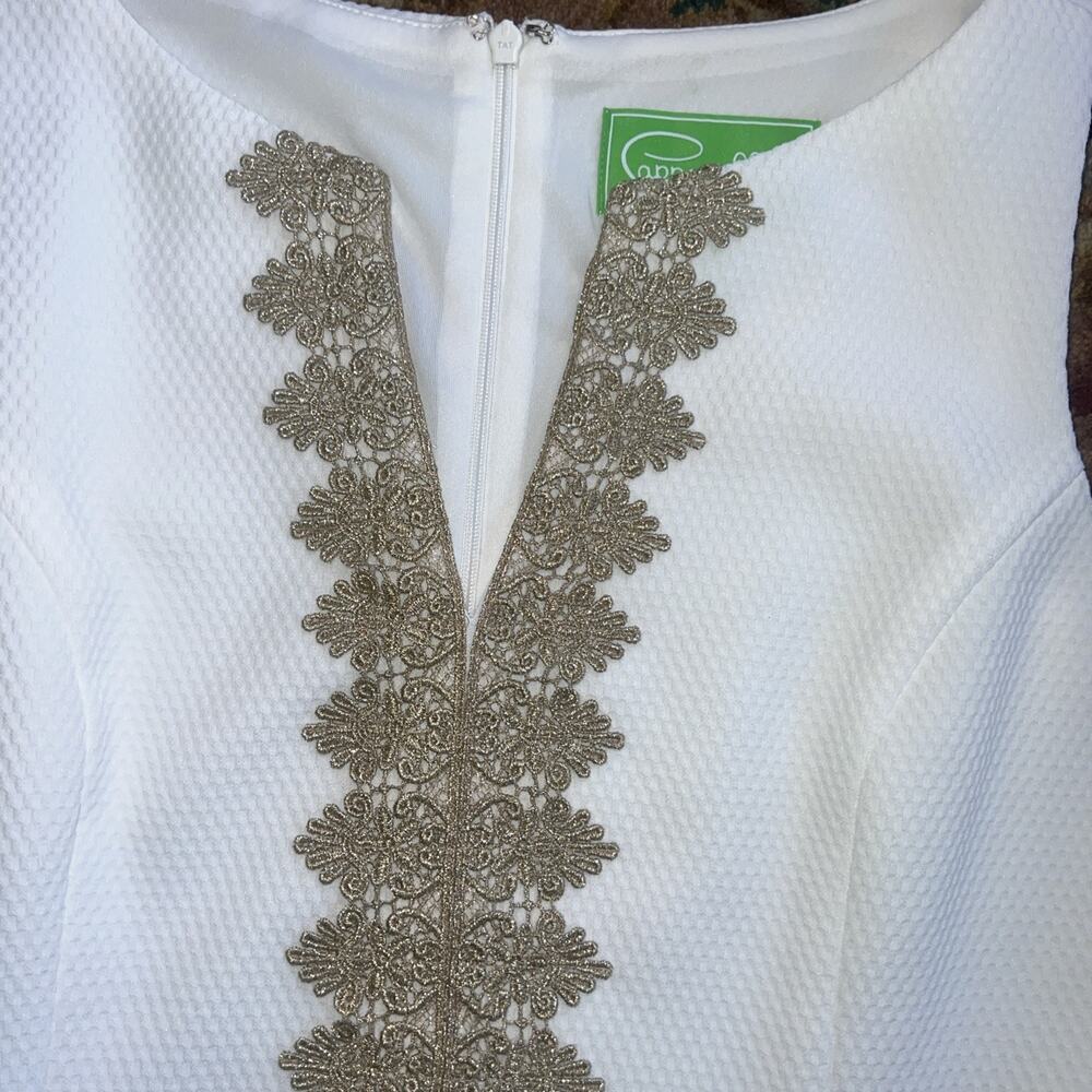 Pappagallo White Texture Shift Dress Gold Embroidery Sleeveless WeddingResort 10 - Picture 4 of 9